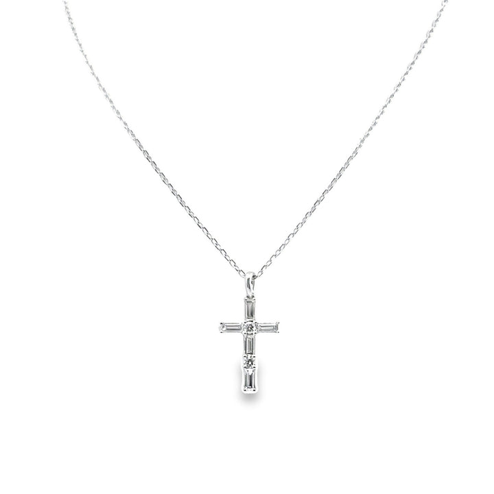 14K White Gold Diamond Baguette Cross Pendant Necklace