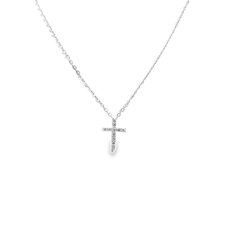 14K White Gold Diamond Prong Micro Cross Necklace
