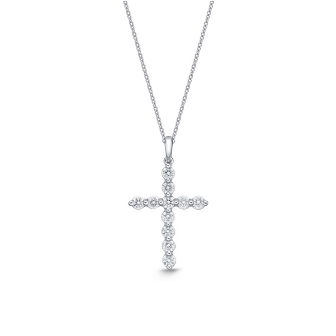 18K White Gold Diamond Single Prong Cross Pendant Necklace