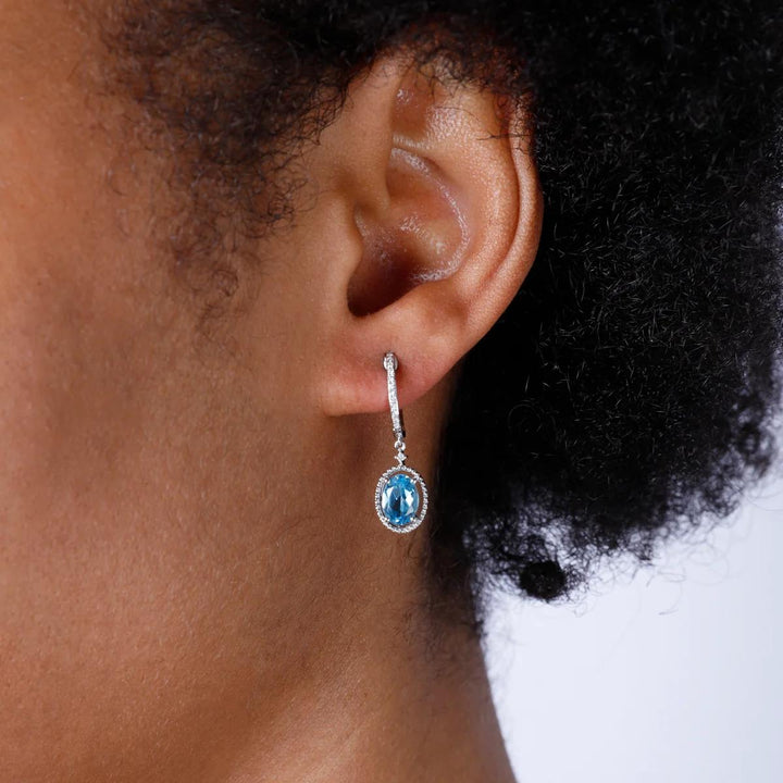 14K White Gold Blue Topaz Diamond Oval Halo Drop Huggie Hoop Earrings