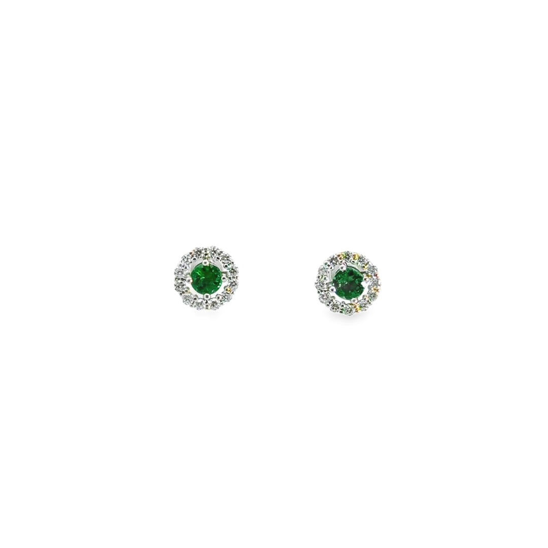 14K White Gold Emerald Diamond Open Halo Stud Earrings