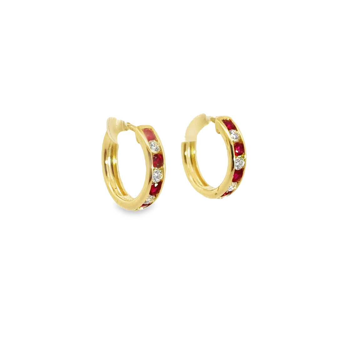 18K Yellow Gold Ruby Diamond Huggie Earrings