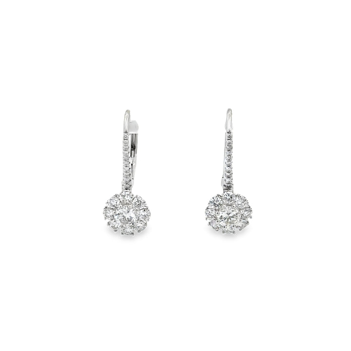 18K White Gold Diamond Flower Halo Drop Earrings