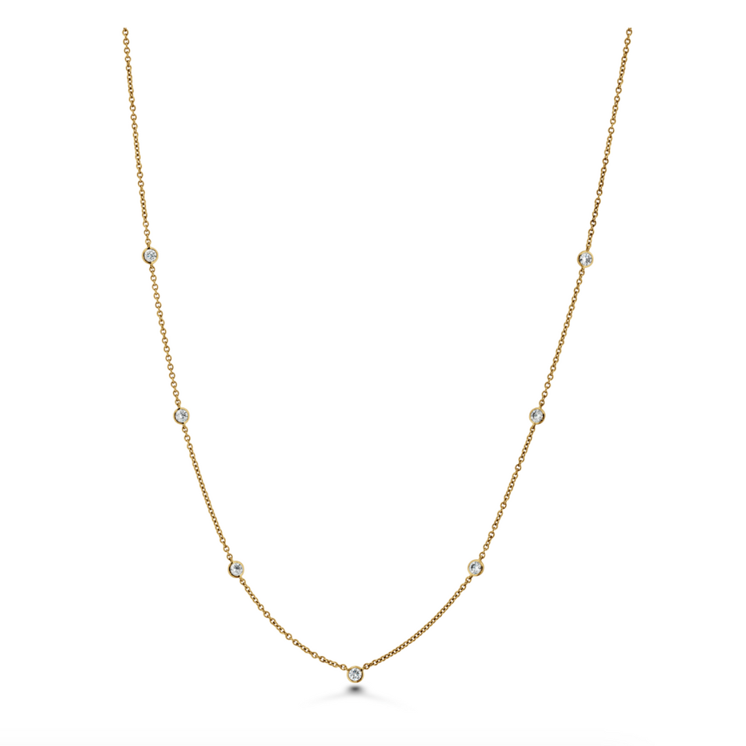 18K Yellow Gold Cascade Bezel 7 Stone Station Necklace
