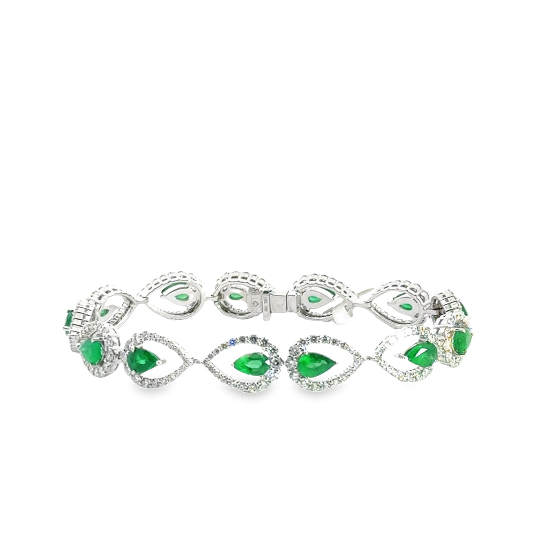18K White Gold Emerald Diamond Teardrop Open Halo Bracelet