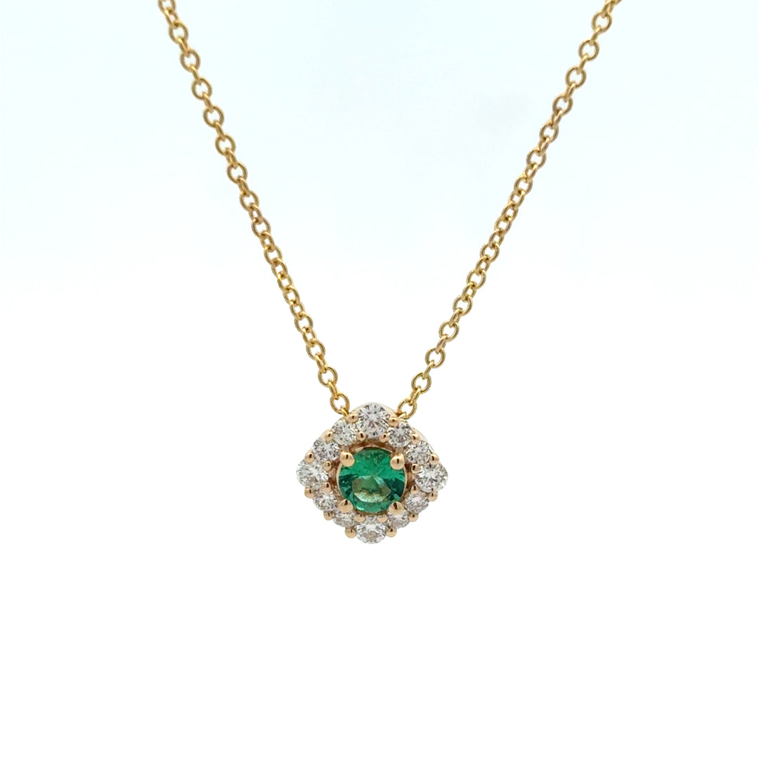 14K Yellow Gold Emerald Diamond Adella Halo Pendant Necklace