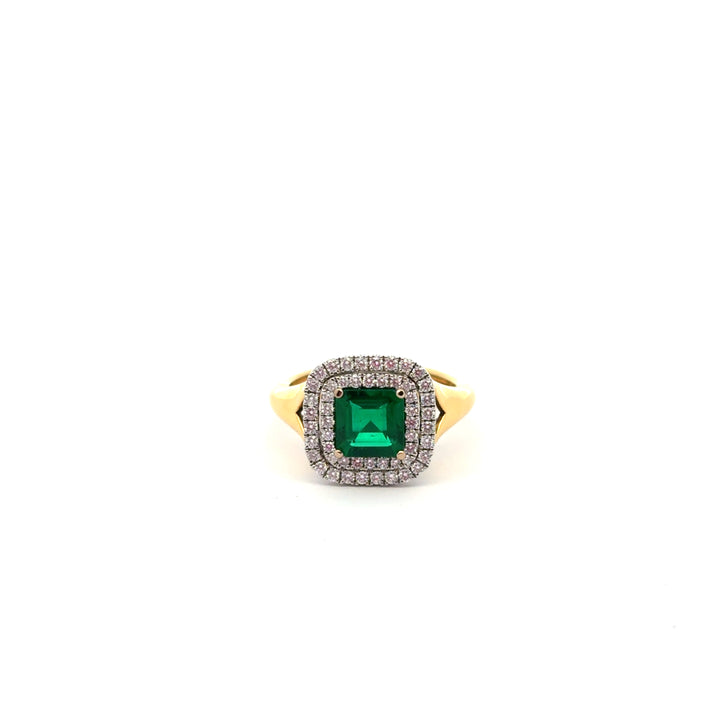 18K Two-Tone Gold Emerald Diamond Radient Double Halo Ring