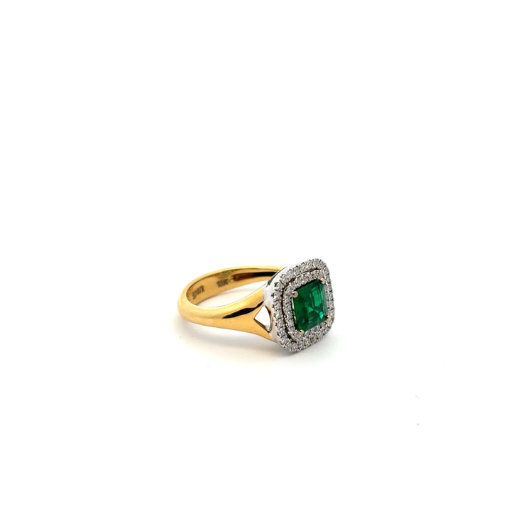 18K Two-Tone Gold Emerald Diamond Radient Double Halo Ring