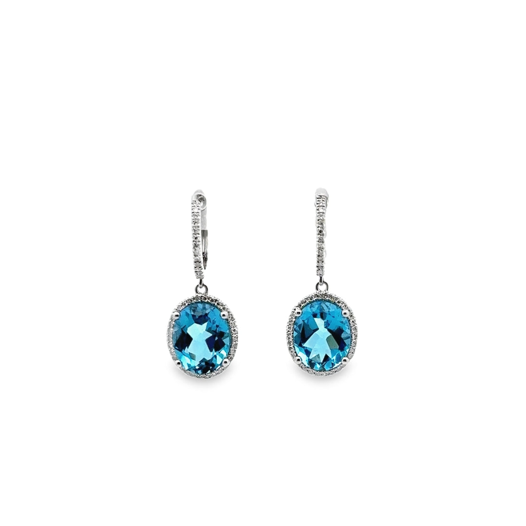 14K White Gold Blue Topaz Diamond Oval Halo Drop Earrings