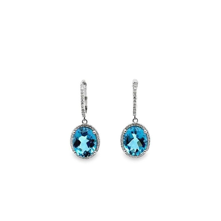 14K White Gold Blue Topaz Diamond Oval Halo Drop Earrings