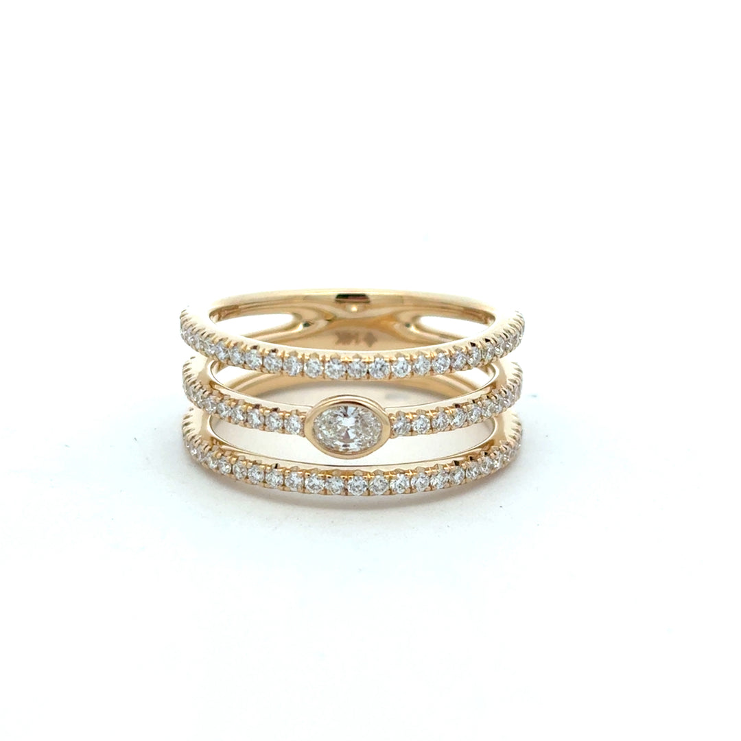 14K Yellow Gold Diamond Sofia Three Row Oval Bezel Set Center Ring