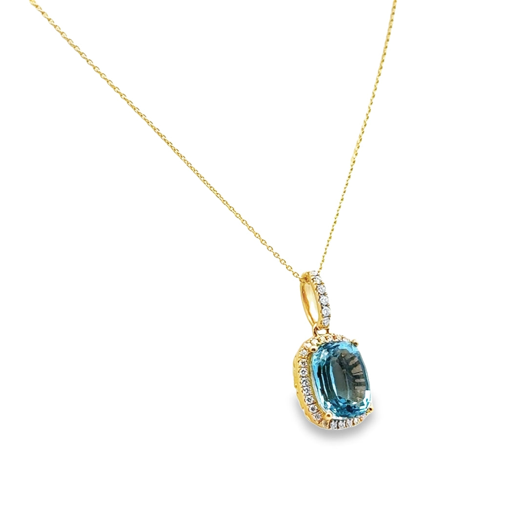 18K Yellow Gold Aquamarine Diamond Halo Pendant Necklace