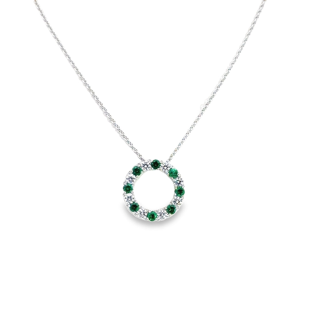 18K White Gold Emerald Diamond Open Circle Pendant Necklace