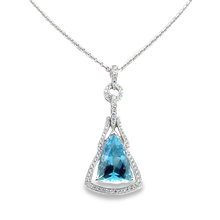 18K White Gold Aquamarine Diamond Open Drop Pendant Necklace