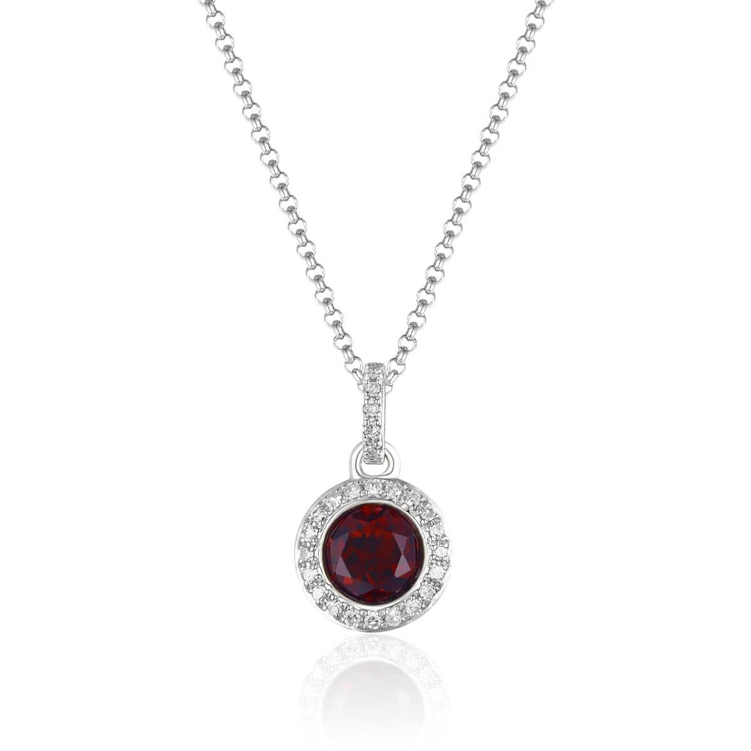 14K White Gold Garnet Diamond Halo Martini Pendant Necklace