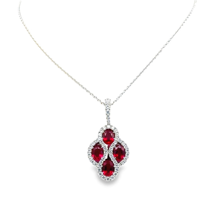 18K White Gold Ruby Diamond Drop Pendant Necklace