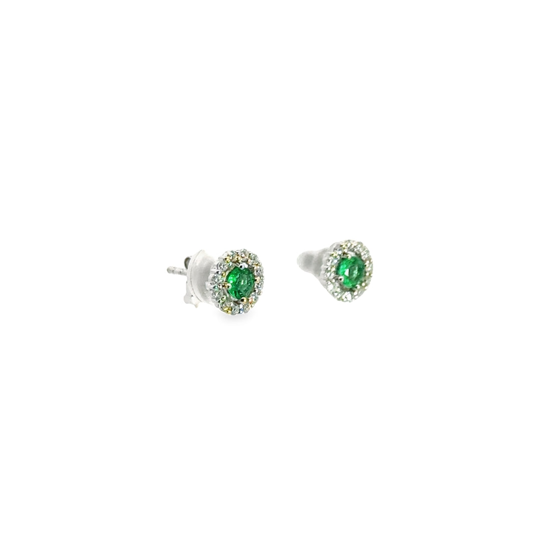 14K White Gold Emerald Diamond Open Halo Stud Earrings