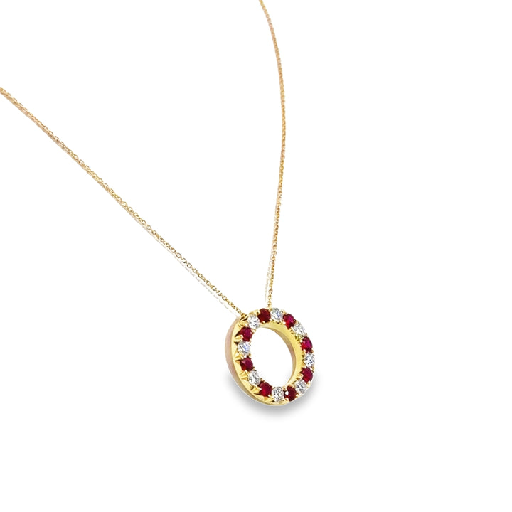 18K Yellow Gold Ruby Diamond Open Circle Pendant Necklace