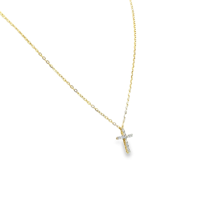 14K Yellow Gold Diamond Prong Micro Cross Necklace