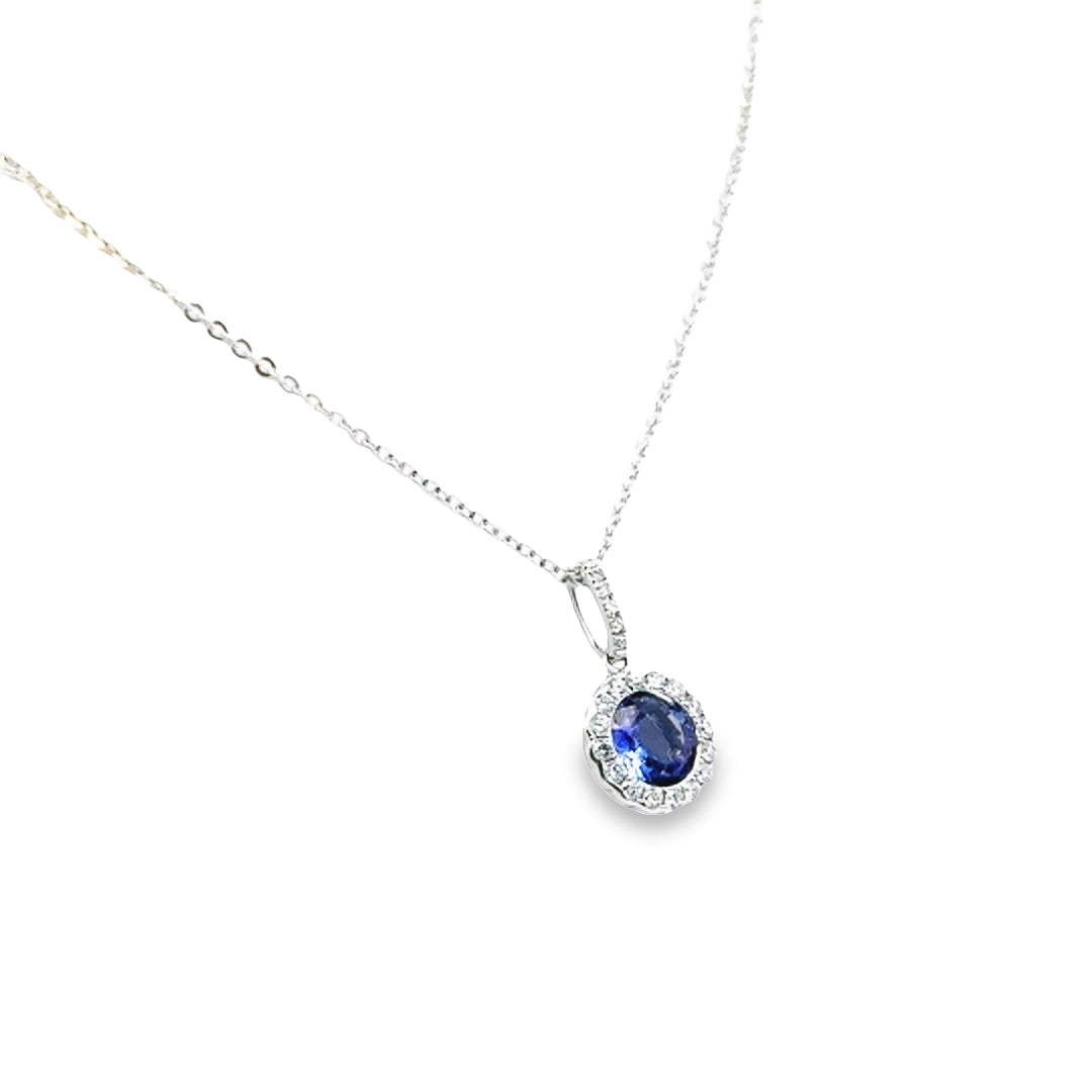 14K White Gold Tanzanite Diamond Sunflower Halo Pendant Necklace