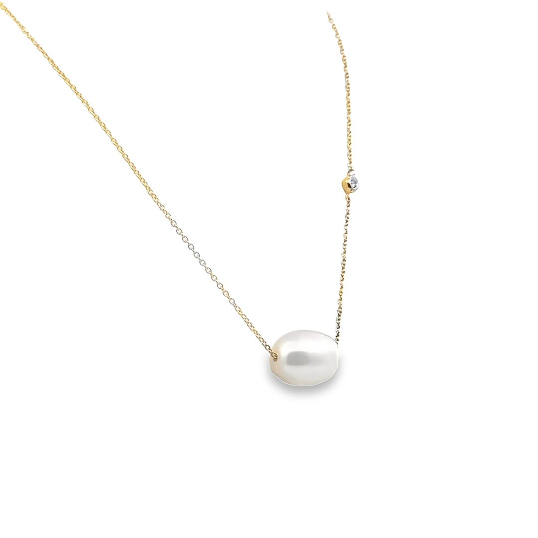 14K Yellow Gold Freshwater Cultured Pearl Diamond Floating Necklace