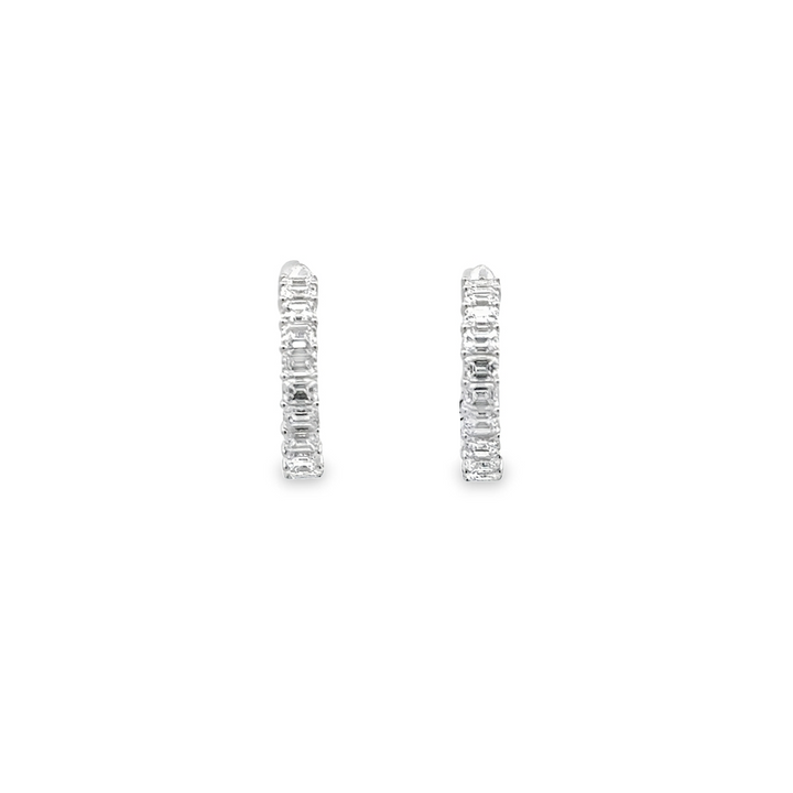 18K White Gold Diamond Emerald Cut Hoop Earrings