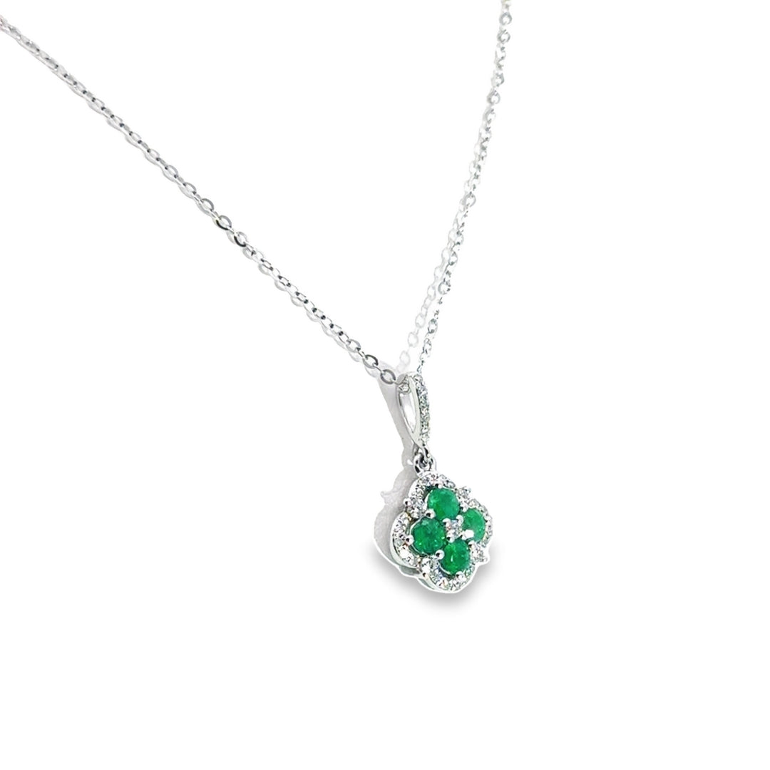 14K White Gold Emerald Diamond Halo Clover Necklace