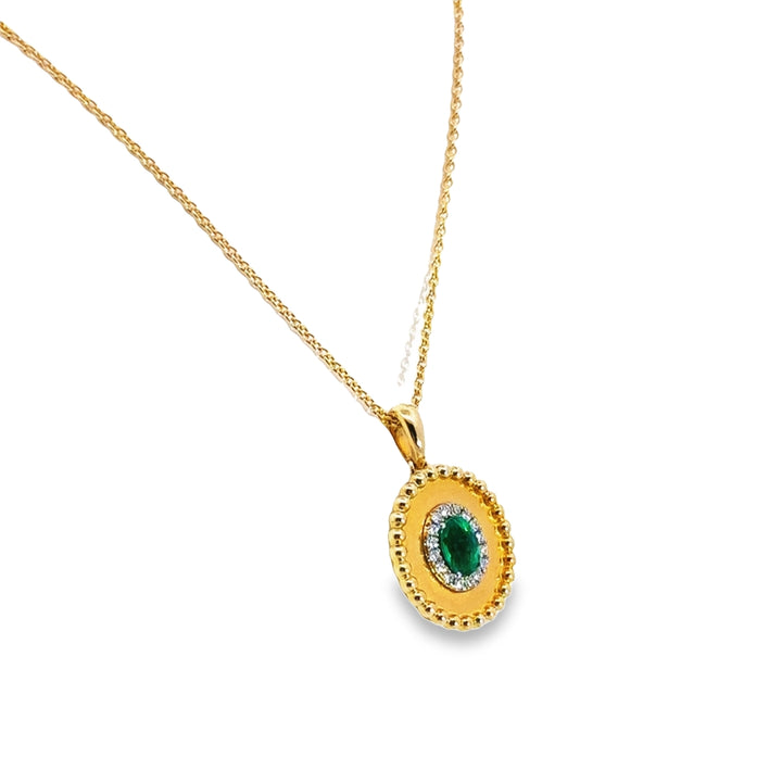 18K Two-Tone Gold Emerald Diamond Halo Medallion Pendant Necklace