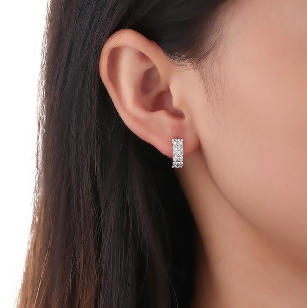 18K White Gold Diamond Petite Double Row Huggie Hoop Earrings