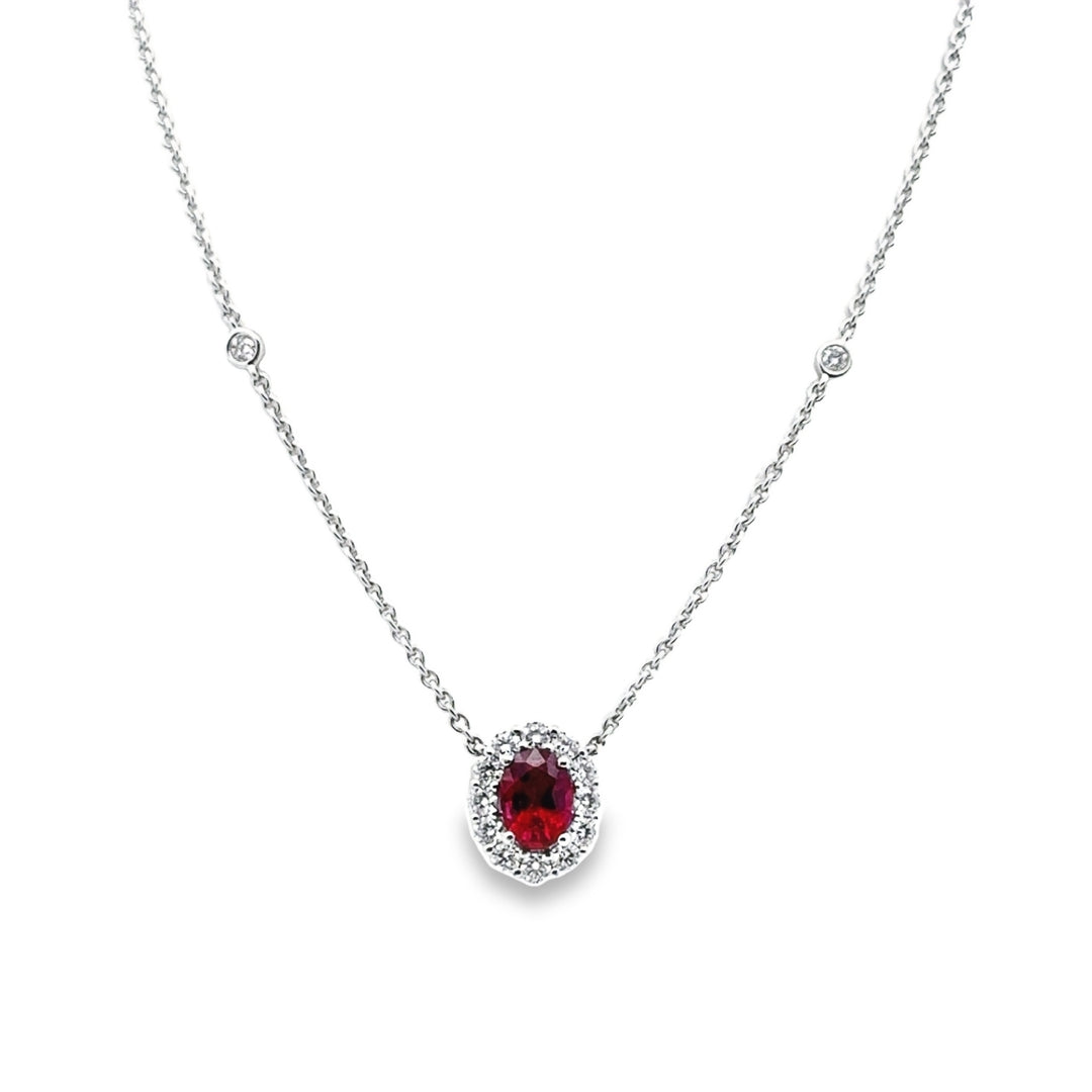 18K White Gold Ruby Diamond Pendant Station Necklace