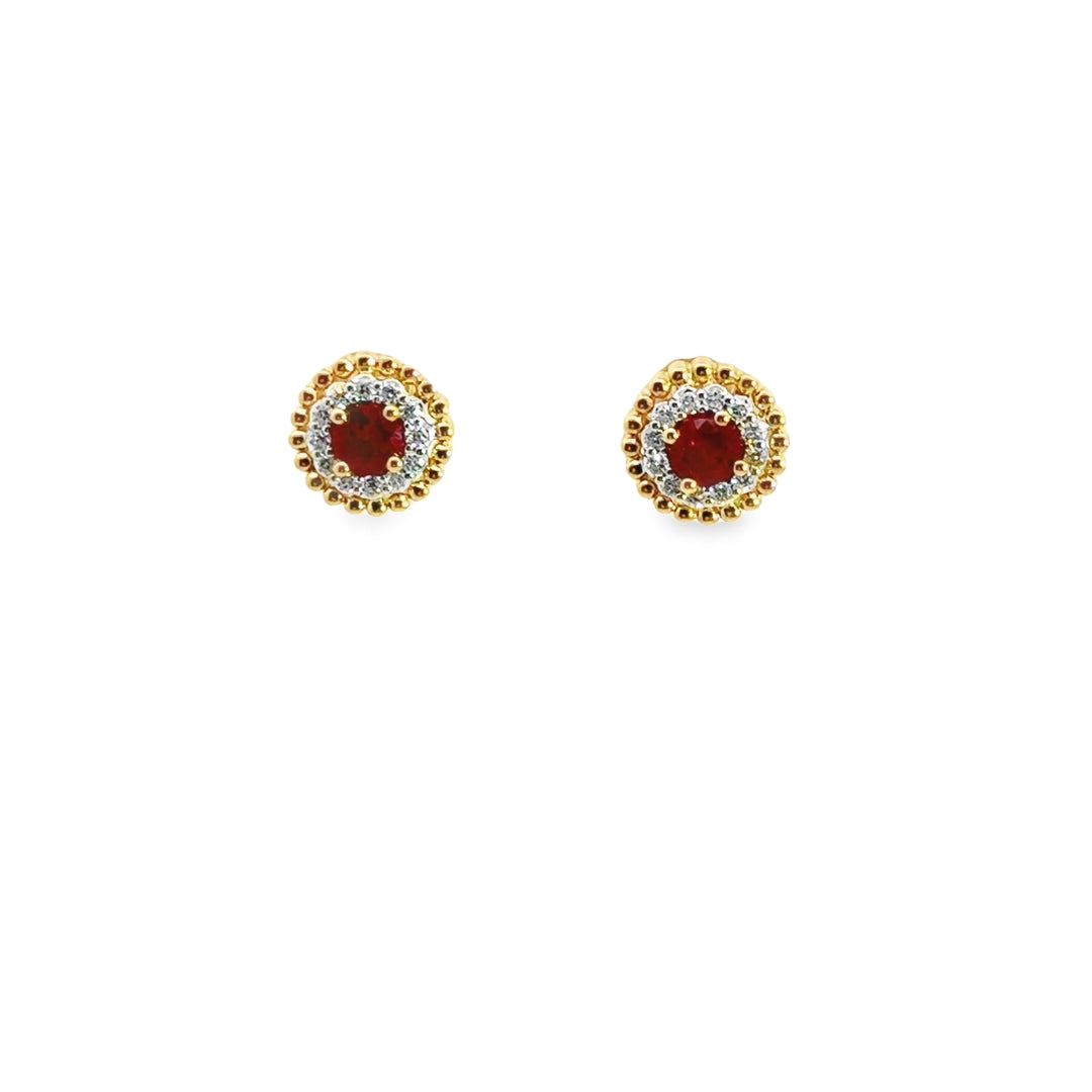 18K Two-Tone Gold Ruby Diamond Halo Stud Earrings