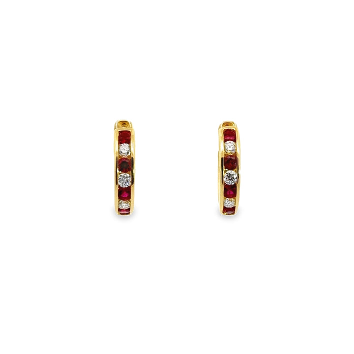 18K Yellow Gold Ruby Diamond Huggie Earrings