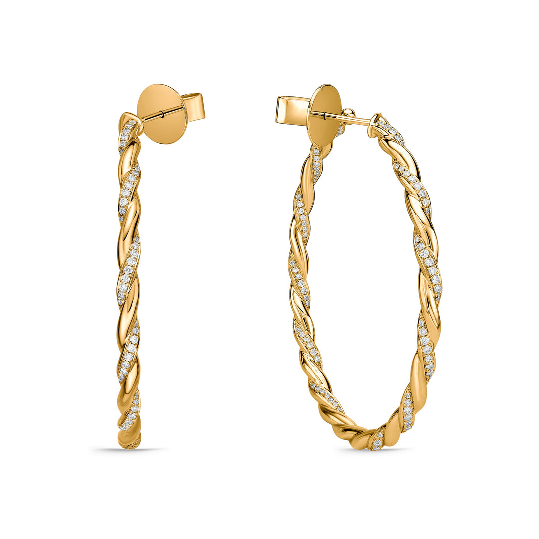 18K Yellow Gold Diamond Vine Twisted Pave Hoop Earrings