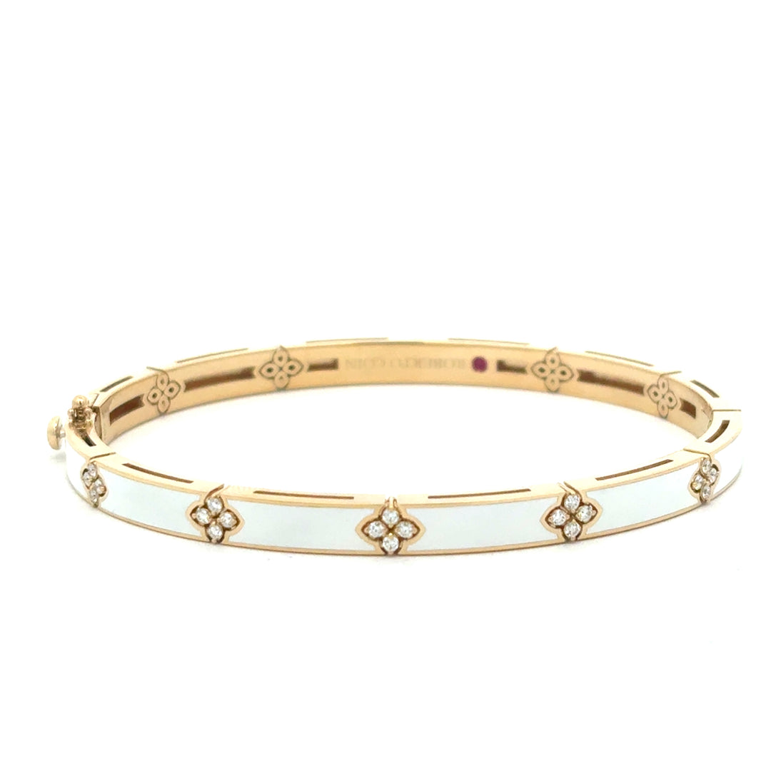 18K Yellow Gold Diamond White Enamel Love In Verona Bangle Bracelet