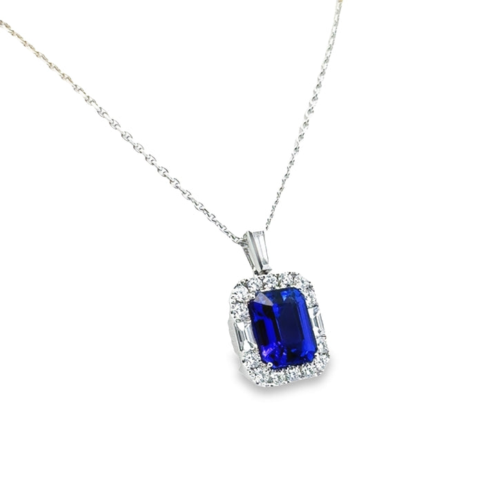 18K White Gold Tanzanite Diamond Halo Pendant Necklace