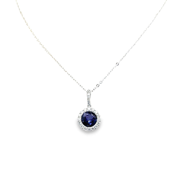 14K White Gold Tanzanite Diamond Sunflower Halo Pendant Necklace