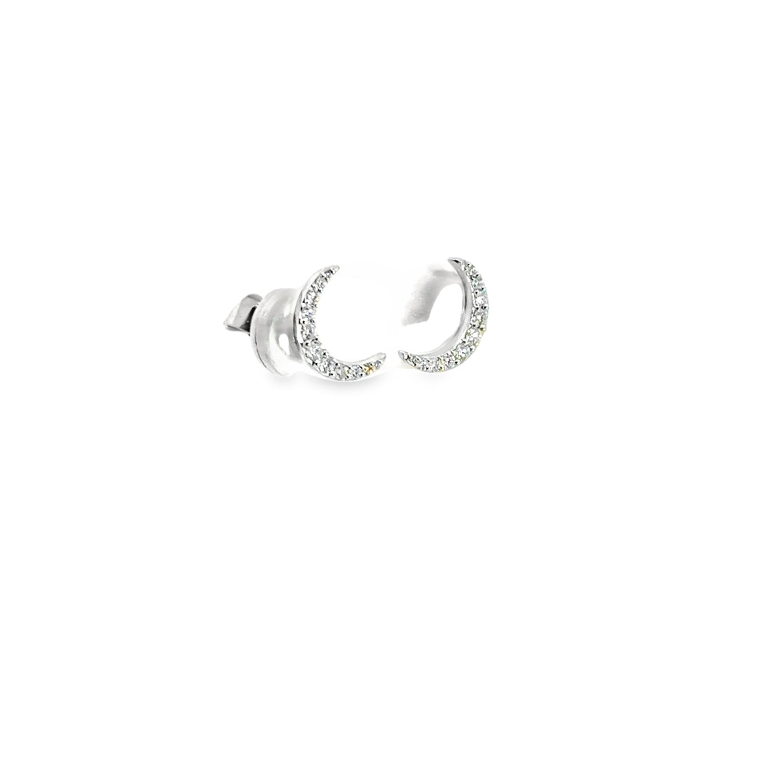 18K White Gold Diamond Crescent Moon Stud Earrings