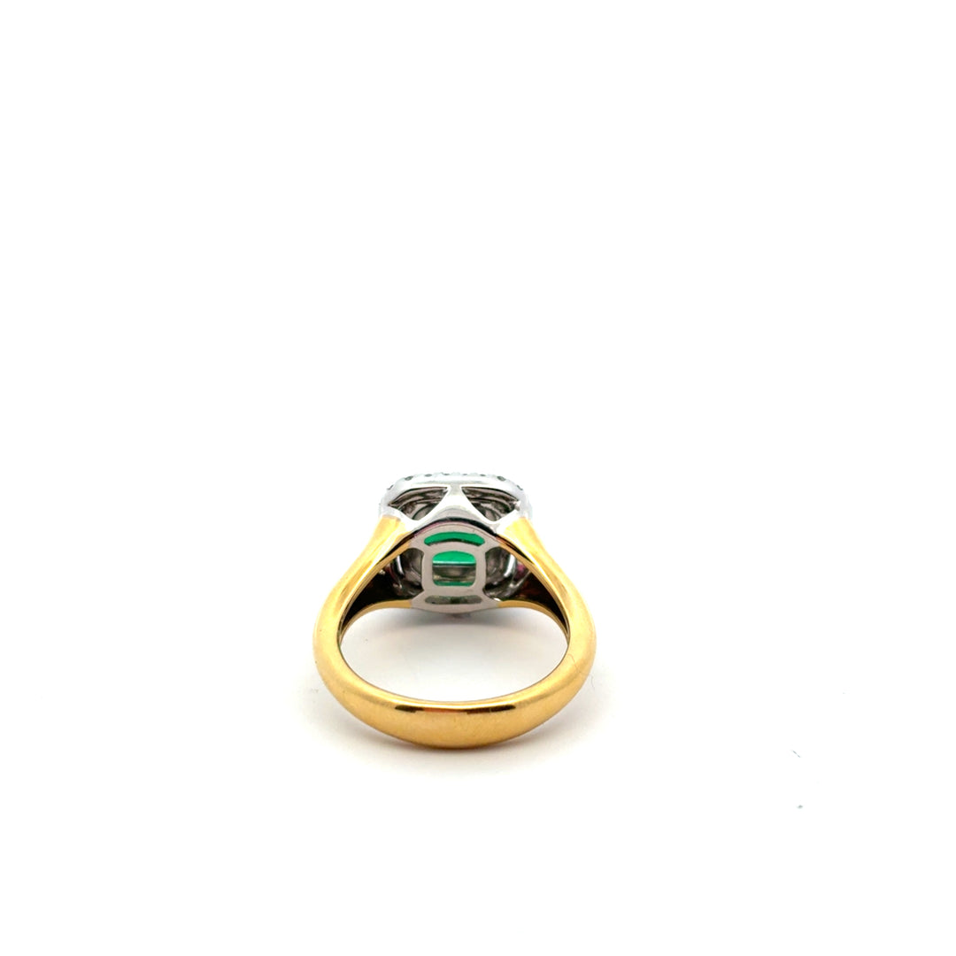 18K Two-Tone Gold Emerald Diamond Radient Double Halo Ring