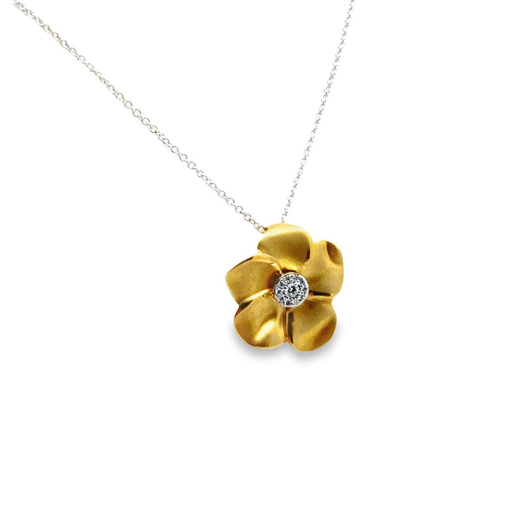 18K Two-Tone Gold Diamond Flower Pendant Necklace
