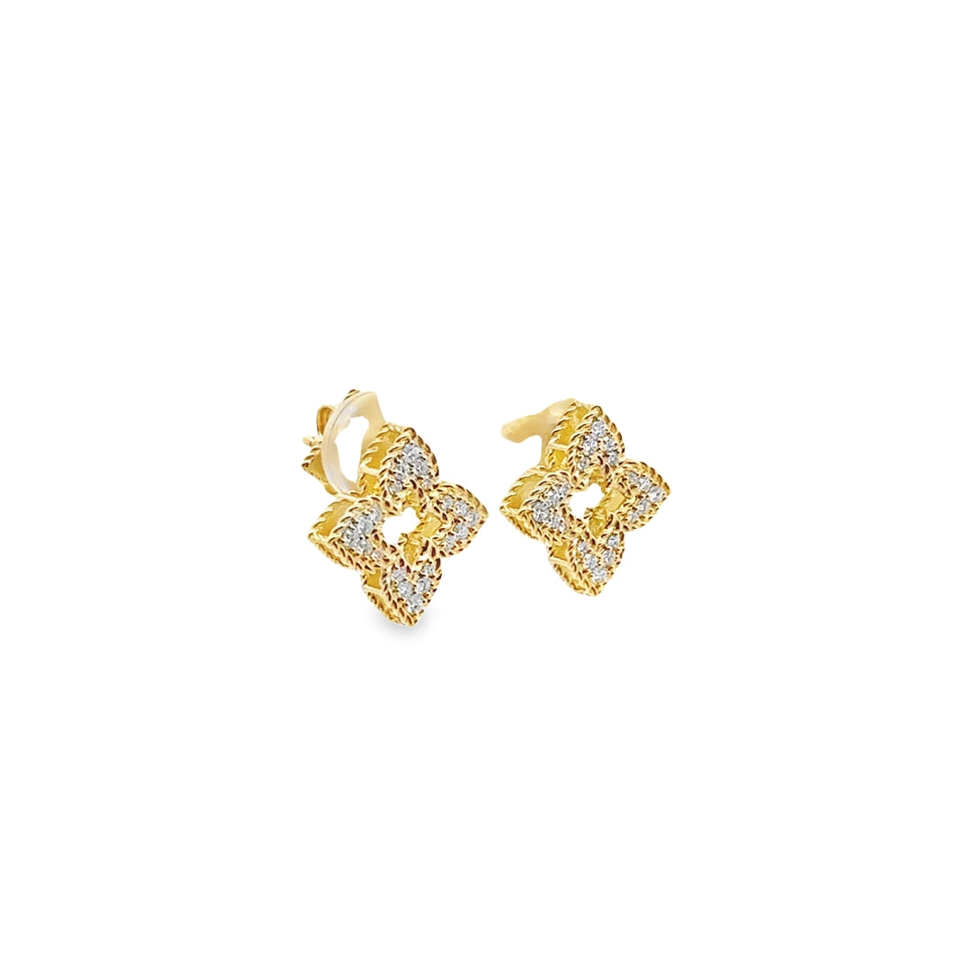 18K Yellow Gold Diamond Venetian Princess Pave Flower Stud Earrings (Small)