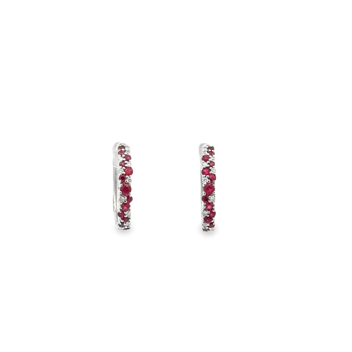 14K White Gold Ruby Diamond Cluster Hoop Earrings
