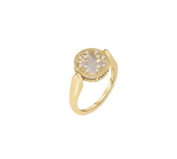18K Yellow Gold Diamond Venetian Medallion Mother of Pearl Reversible Ring