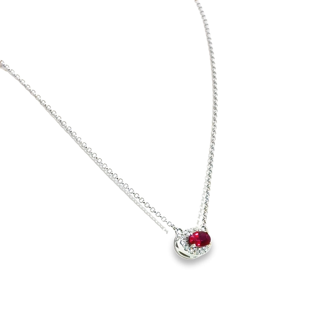 14K White Gold Ruby Diamond Oval Halo Pendant Necklace