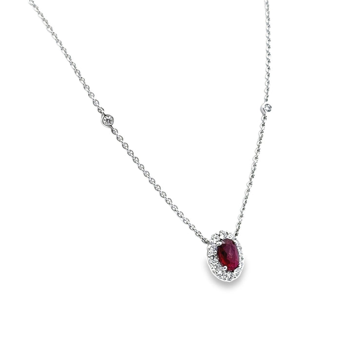 18K White Gold Ruby Diamond Pendant Station Necklace