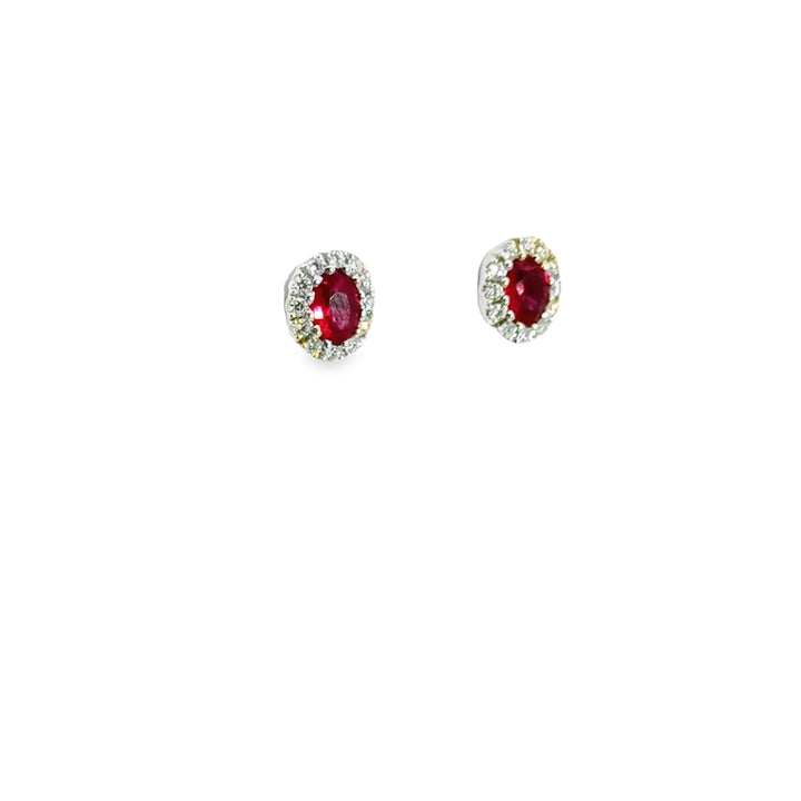 18K White Gold Ruby Diamond Oval Halo Stud Earrings