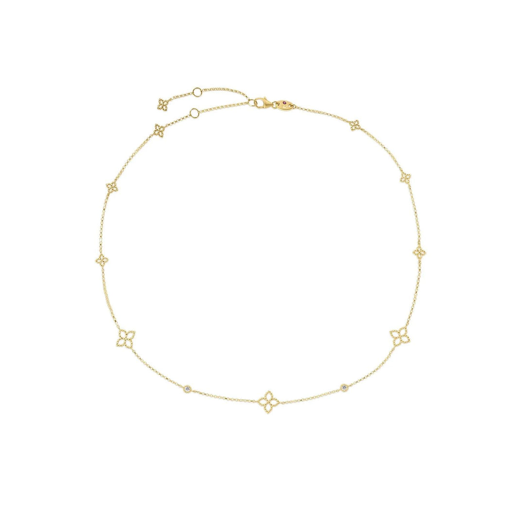 18K Yellow Gold Diamond Princess Flower Diamond Station Necklace