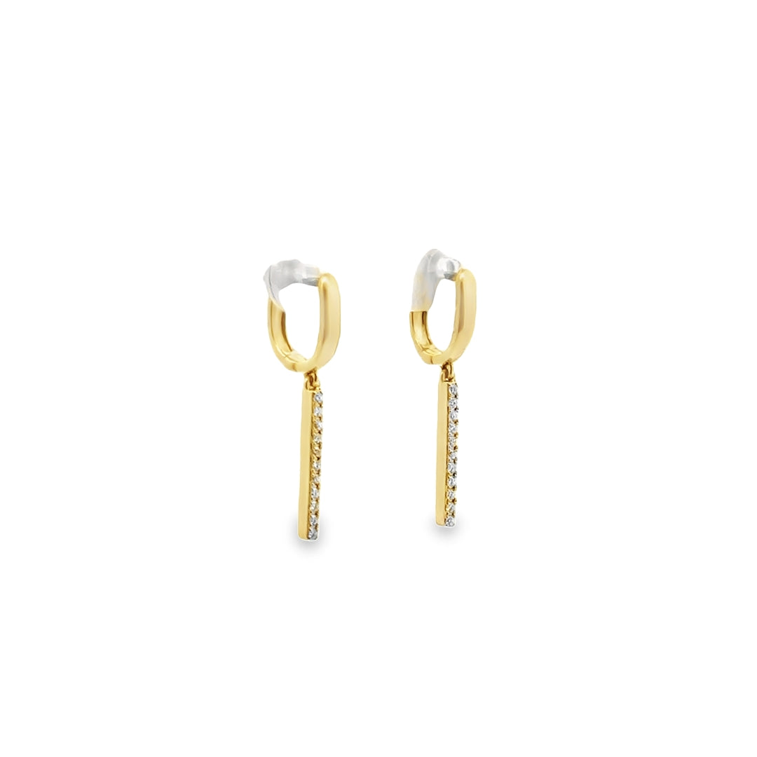 14K Yellow Gold Diamond Bar Huggie Hoop Earrings