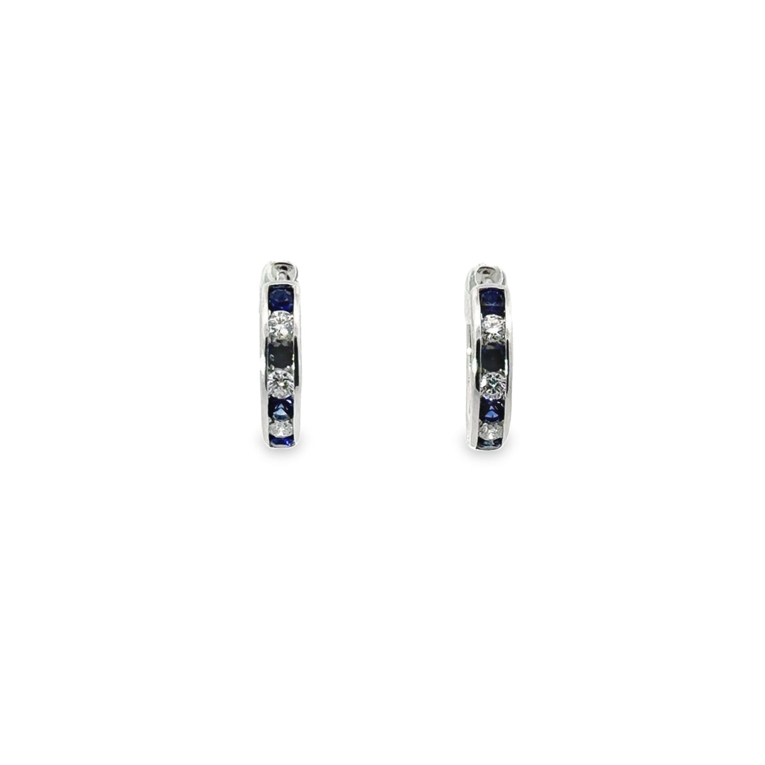 18K White Gold Sapphire Diamond Huggie Earrings