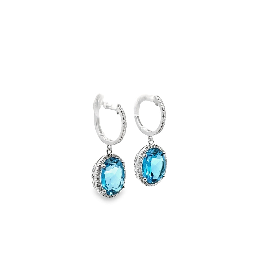 14K White Gold Blue Topaz Diamond Oval Halo Drop Earrings