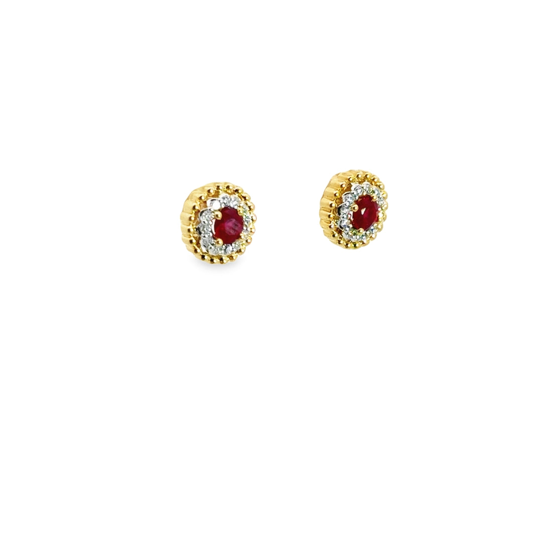 18K Two-Tone Gold Ruby Diamond Halo Stud Earrings